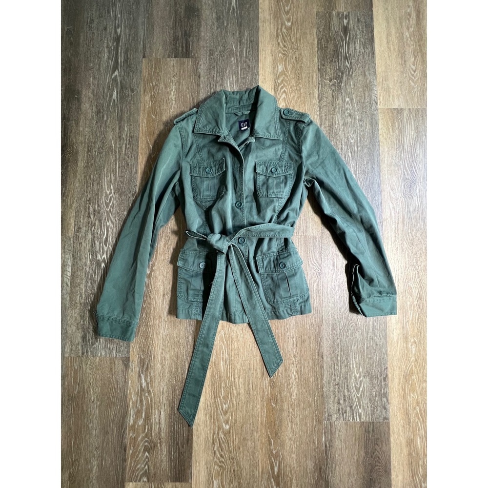Gap Utility Field Jacket Womens‎ Medium Olive Green Belted Military Cargo